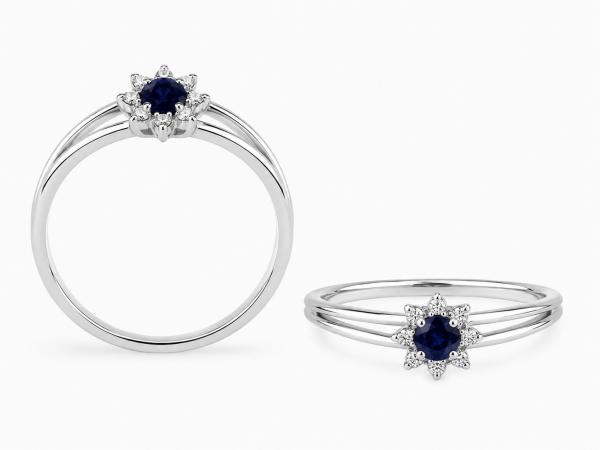 14 karátos fehér arany briliáns gyűrű. Tisztasága és színe a nemzetközi besorolás szerint: vs,g, nagysága 0,14ct, a zafír kő 0,23ct.
